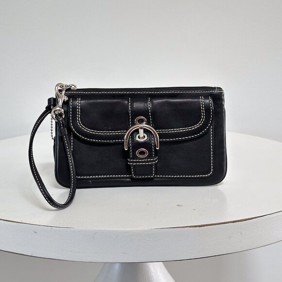 Vintage Coach Wristlet Wallet Soft Black Leather Silver Buckle - Picture 1 of 6